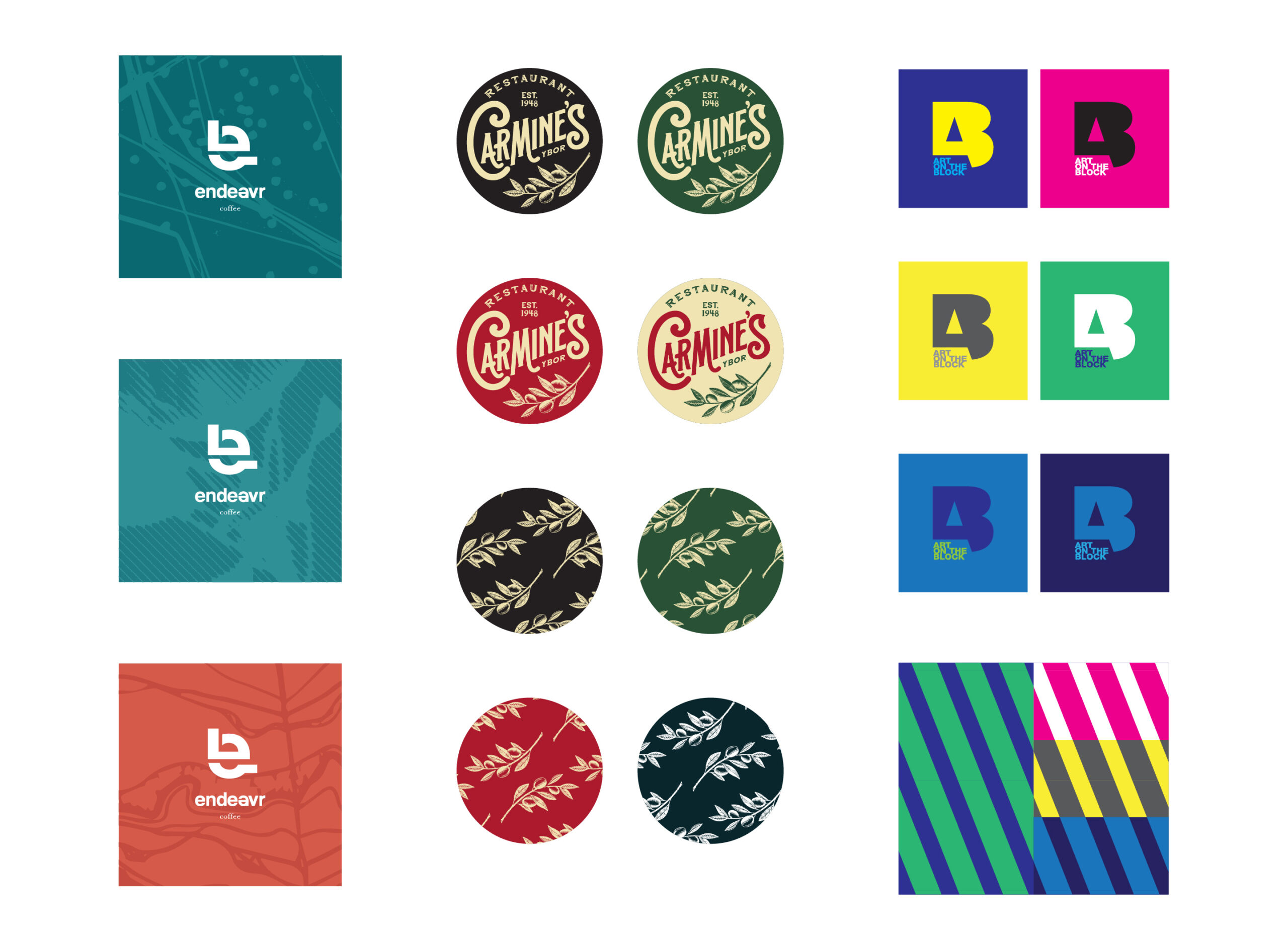 Brand pattern and color applications for Endeavr, Carmine's and Art on the Block