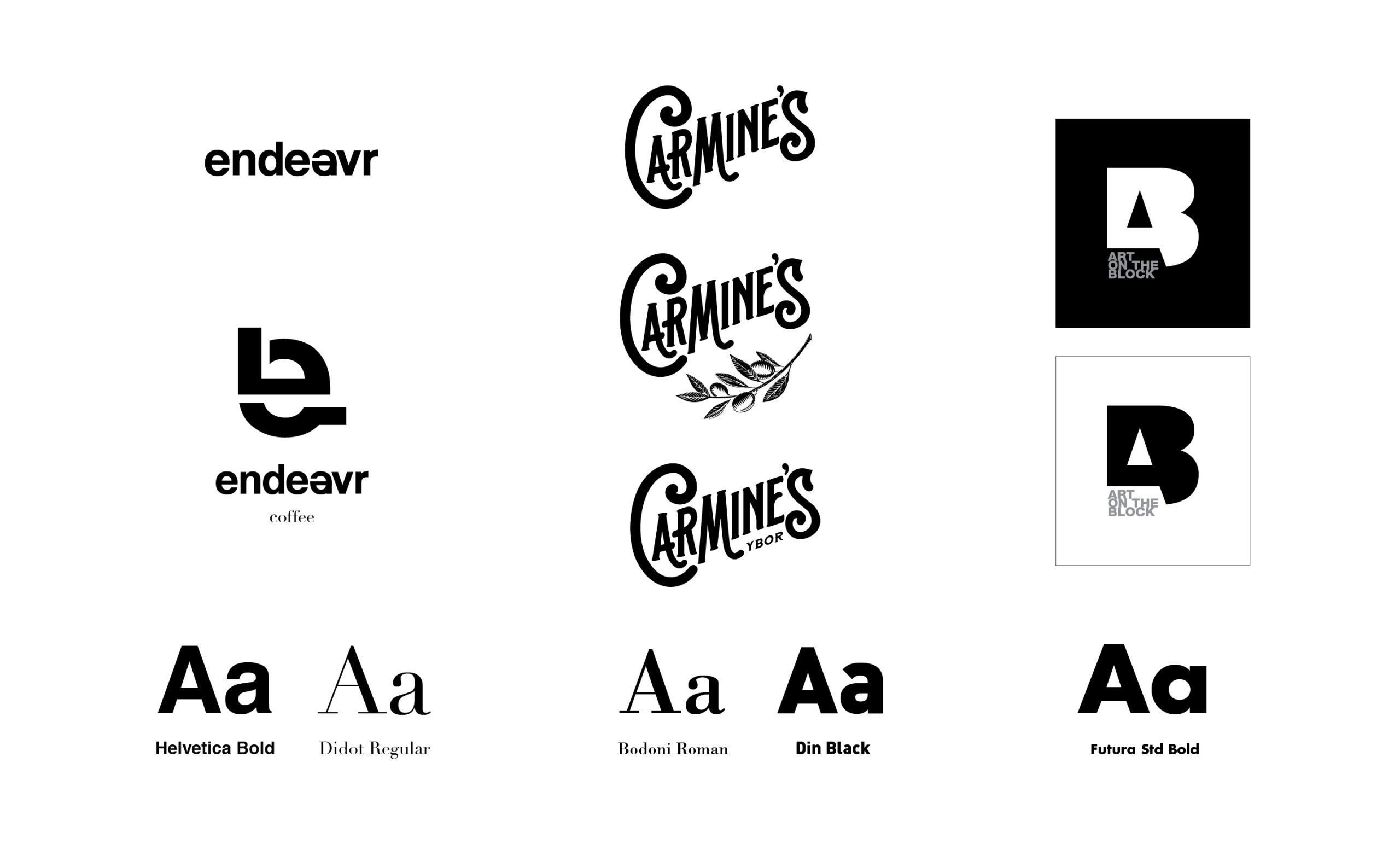 Primary logo examples designed by Pep Rally: Endeavr, Carmine's and Art on the Block